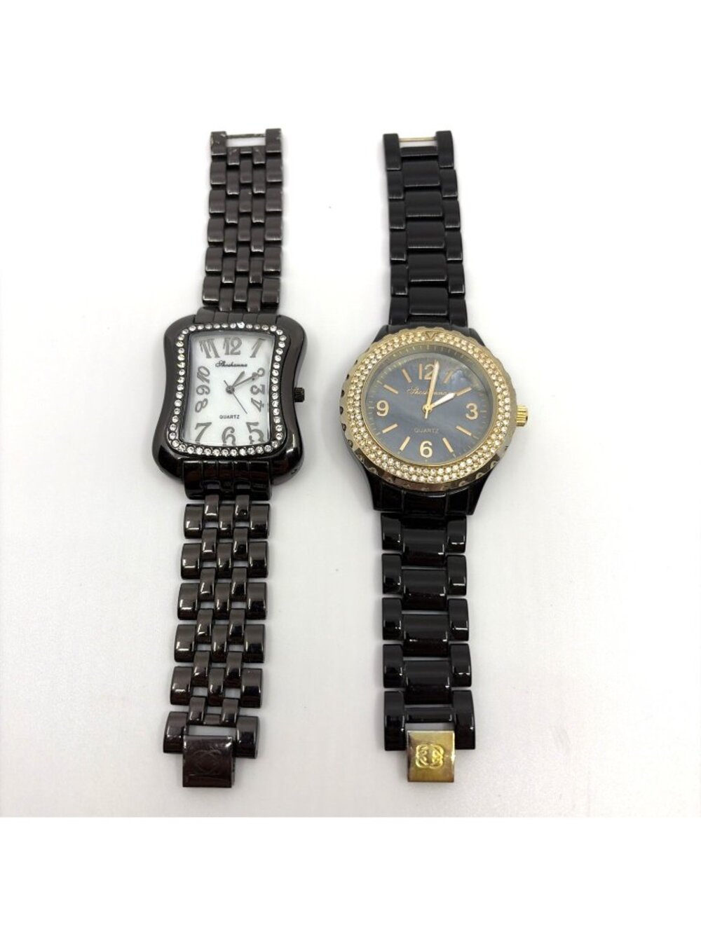 Lot of 2 Shoshanna Womens Rhinestone Quartz Watches Black Gold Tone Japan Movt